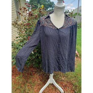 ODDY Tunic Top Large LS Floral Button Front Boho Collared Lightweight